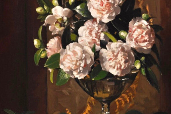 "Still Life-Pink Camelias in Silver Bowl"