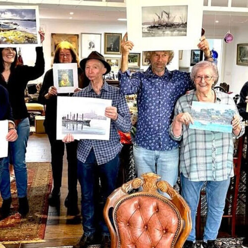 2023 Christmas get together and Kris Kringle painting swap.
L-R Fiona Bilbrough, David Taylor, Paul McDonald Smith, Lee Machelak, Amanda Hyatt, Ray Hewitt, John Orlando Birt, Barbara McCallum, Peter Smales and Greg Allen